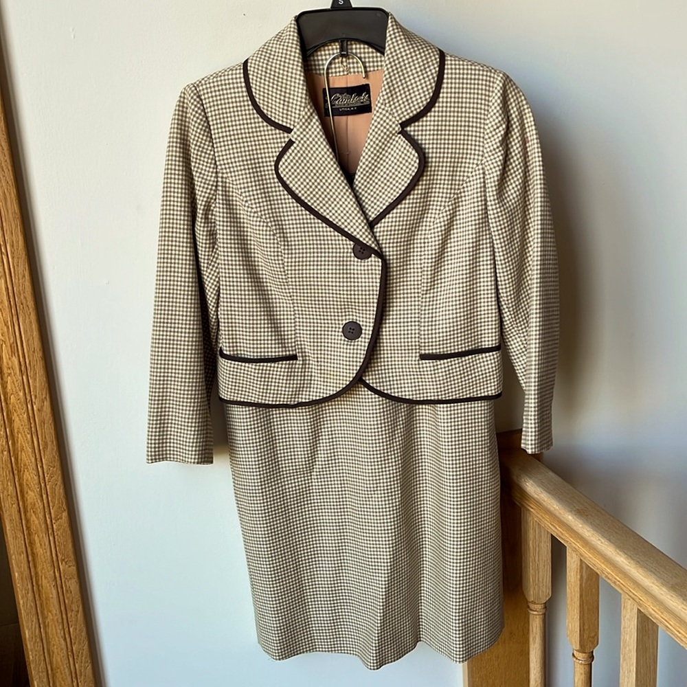 Vintage Lightweight Wool Tweed Skirt Suit Brown White Check XS Gorgeous